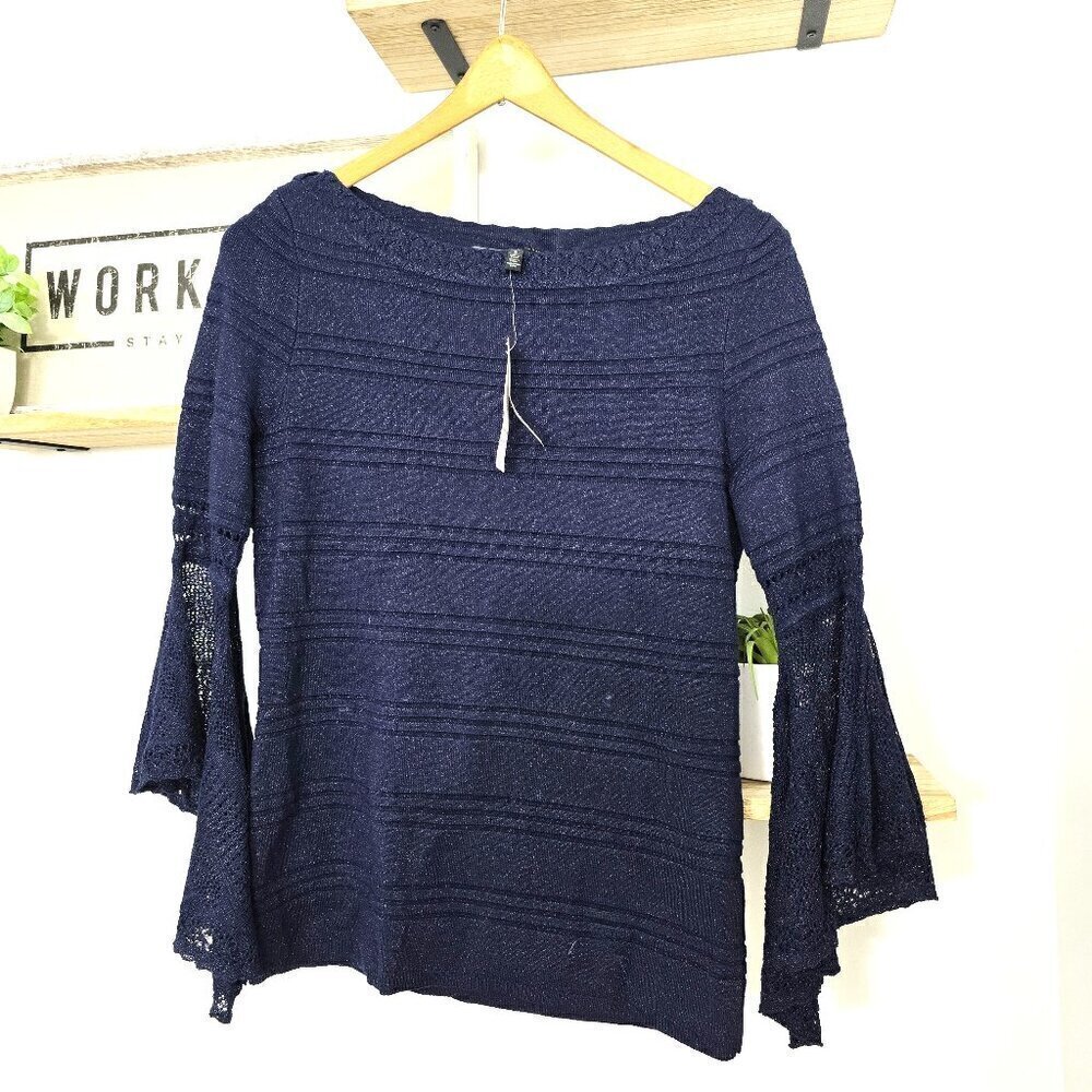NWT White House Black Market Boatneck Knit Sweater Top Navy Blue Shimmer